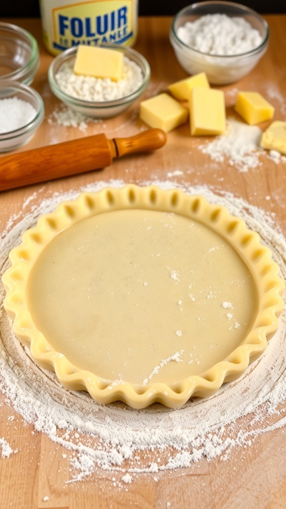 A rolled out pie crust on a floured surface with a rolling pin and ingredients in the background.